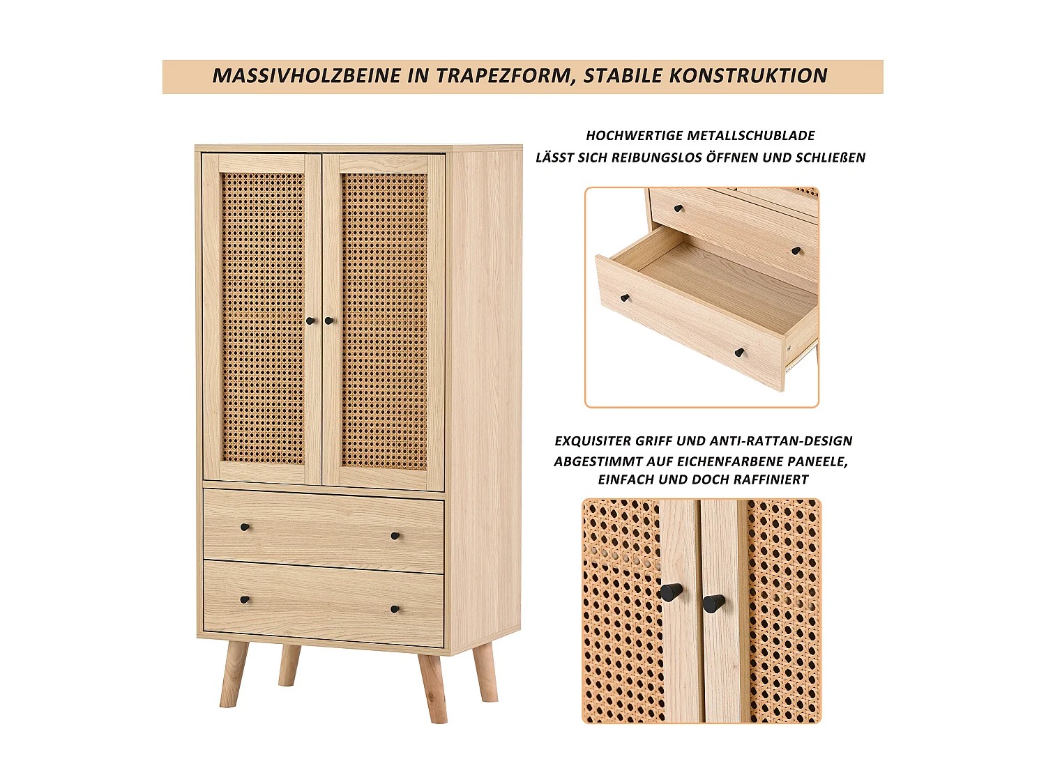 Hohes Sideboard mit 2 Türen und 2 Schubladen aus Spanplattenholz – klassischer Stil – Eichenfarbe