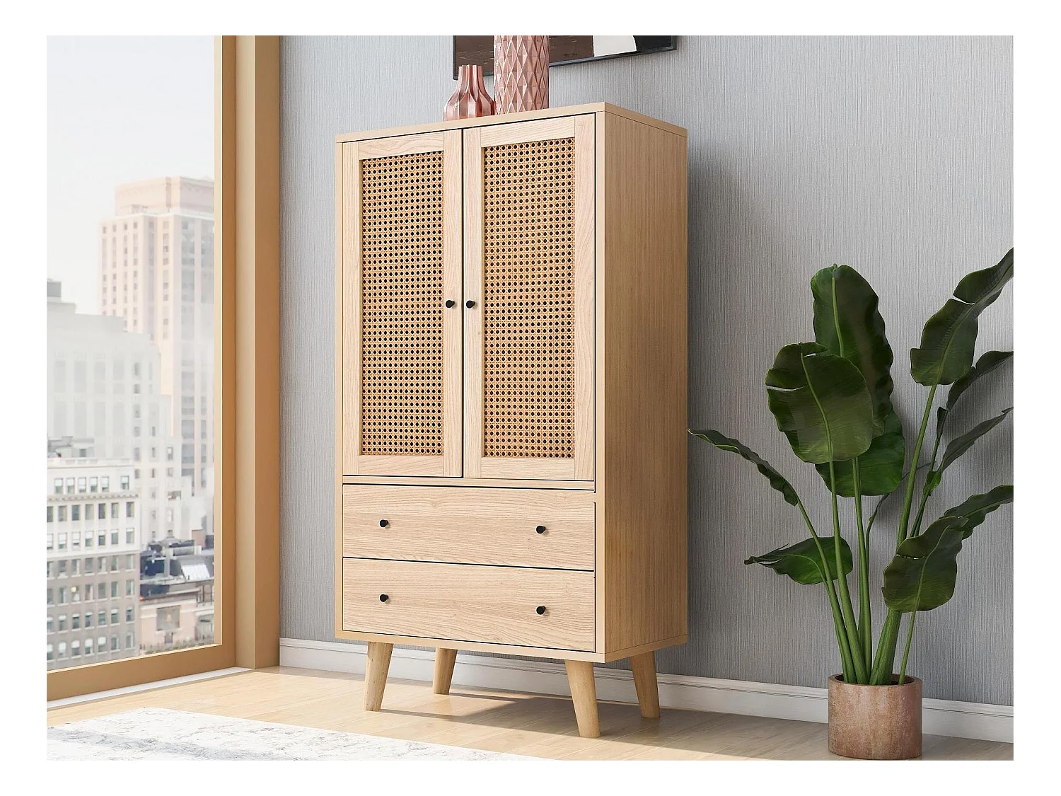 Buffet haut avec 2 portes et 2 tiroirs en bois panneaux de particules - style classique - coloris chêne