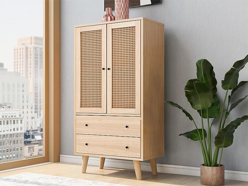 Hohes Sideboard mit 2 Türen und 2 Schubladen aus Spanplattenholz – klassischer Stil – Eichenfarbe
