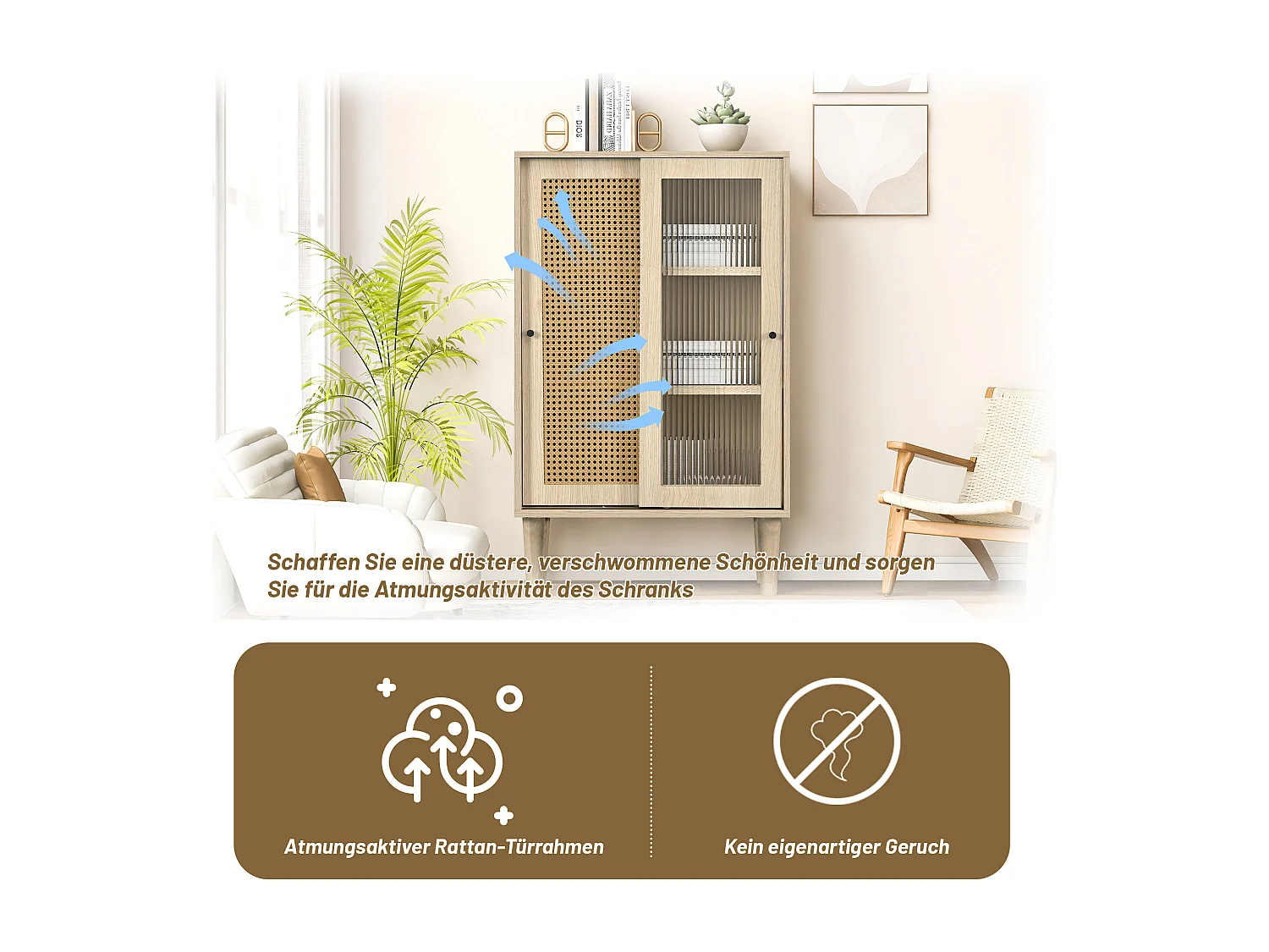 Credenza alta in legno - 2 ante scorrevoli in rattan e vetro - stile contemporaneo - rovere