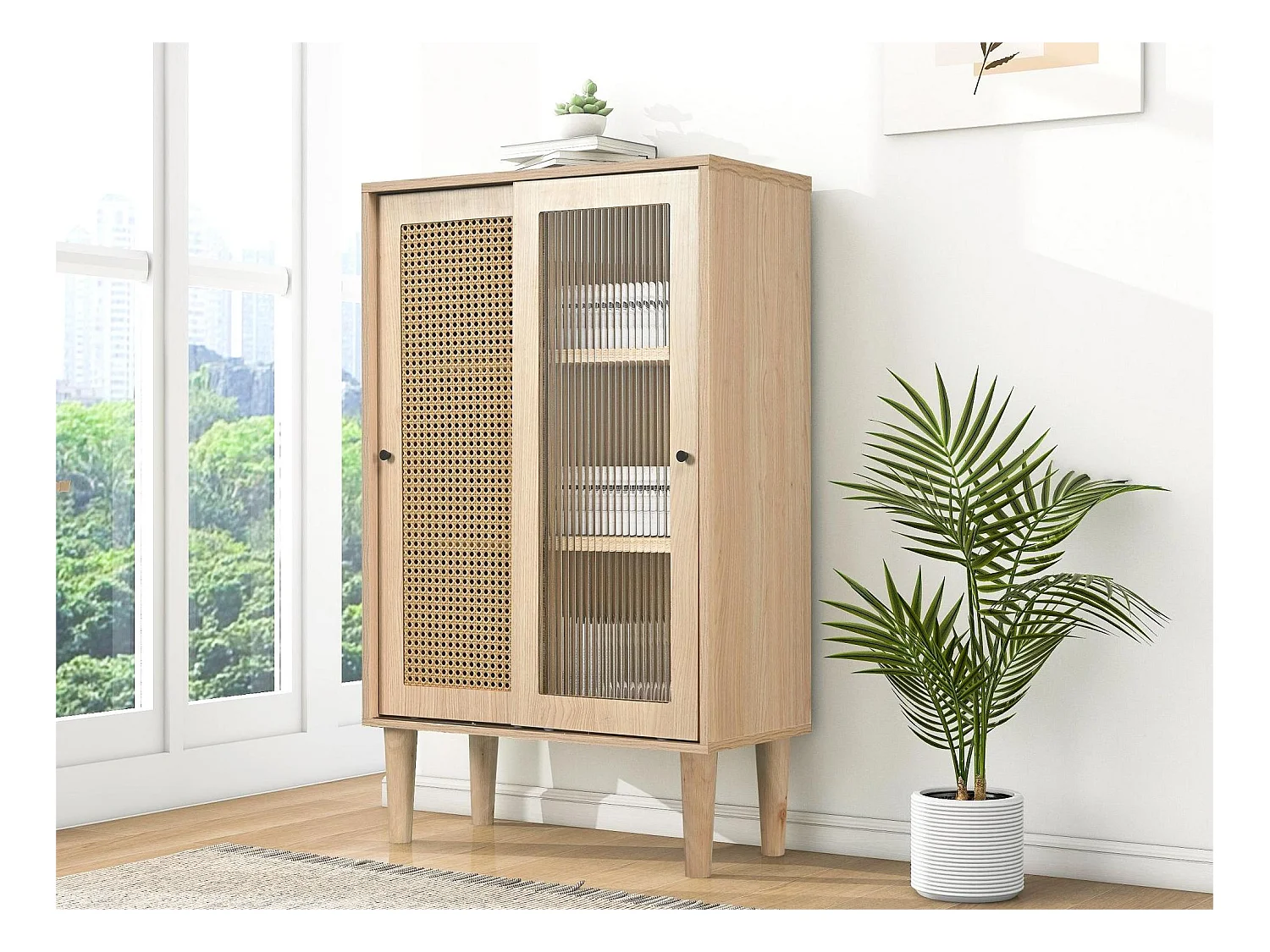 Hohes Sideboard aus Holz – 2 Schiebetüren aus Rattan und Glas – moderner Stil – Eiche