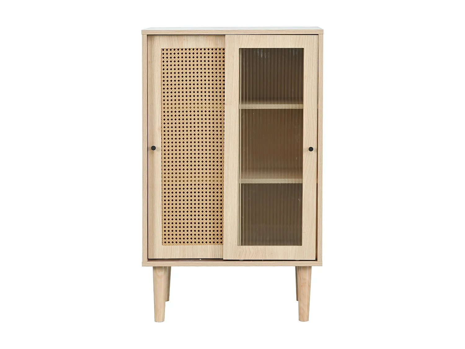Hoog houten dressoir - 2 schuifdeuren van rotan en glas - moderne stijl - eiken