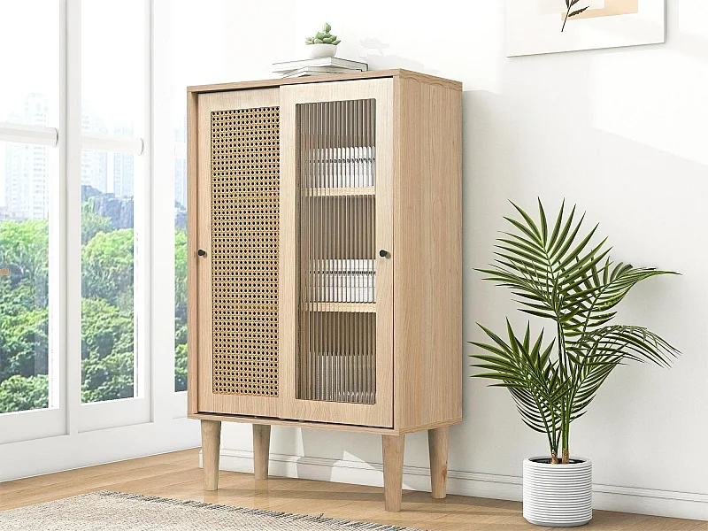 Hoog houten dressoir - 2 schuifdeuren van rotan en glas - moderne stijl - eiken