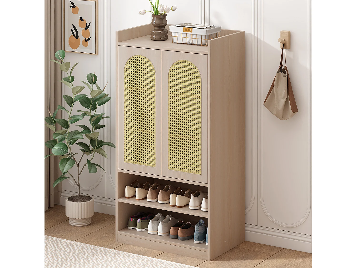 Guardaroba con 2 ante, 2 nicchie - Mobile da ingresso - Ripiani regolabili - Colore rovere