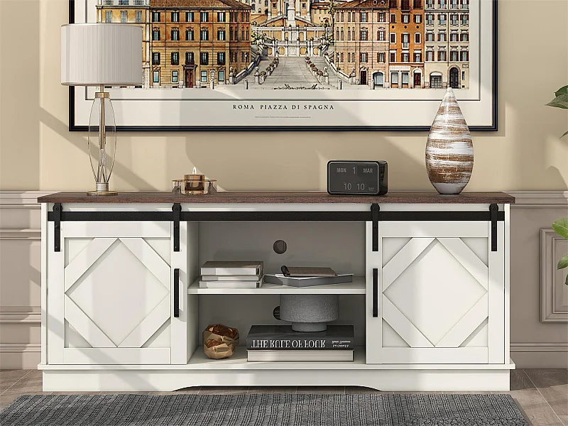 TV-Schrank mit 2 Schiebetüren und 2 Nischen – Spanplatte – Industriestil – Weiß