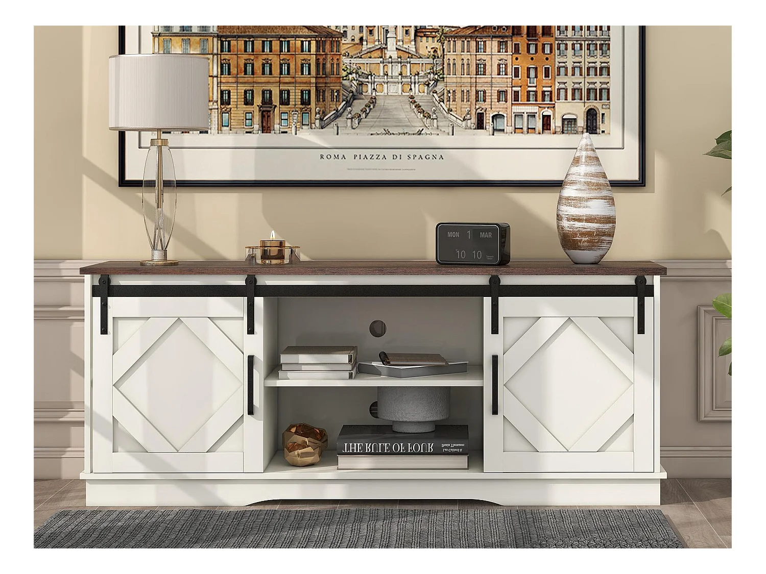 Meuble TV avec 2 portes coulissants et 2 niches - Panneaux de particules - Style industriel - Blanc