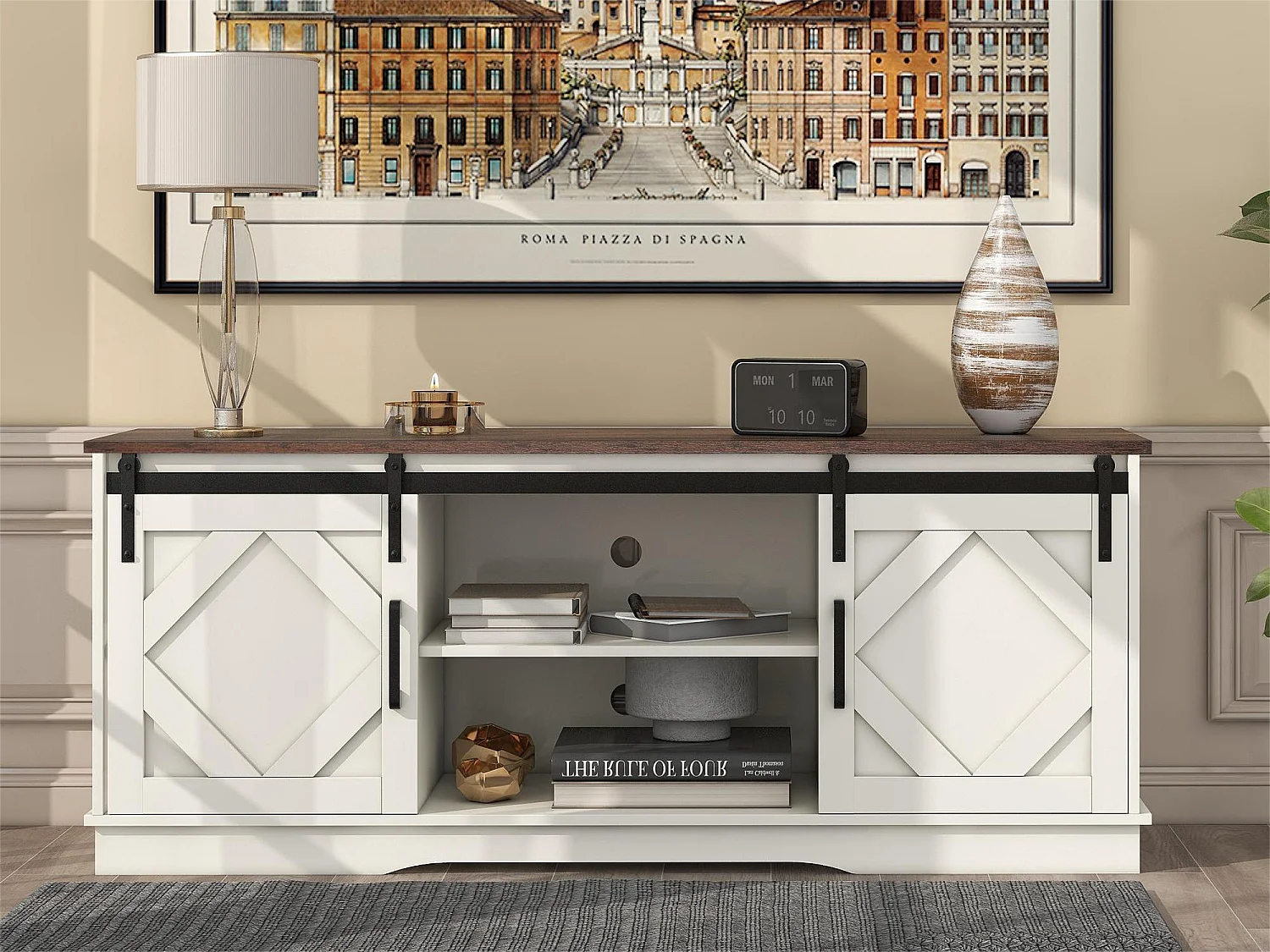 Szafka RTV z 2 drzwiami przesuwnymi i 2 wnękami - Płyta wiórowa - Styl industrialny - Biały