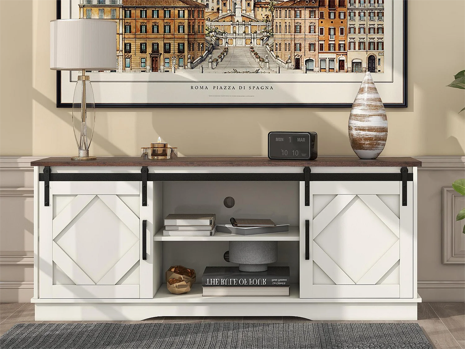 Meuble TV avec 2 portes coulissants et 2 niches - Panneaux de particules - Style industriel - Blanc