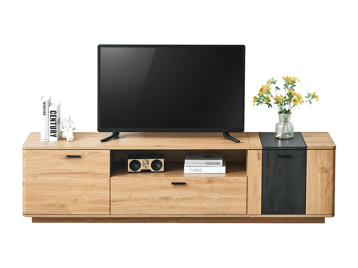 TV-meubel met 2 deuren, 1 lade en 1 nis - 180 x 40 x 47 cm - MDF-hout - kleuren bruin en grijs
