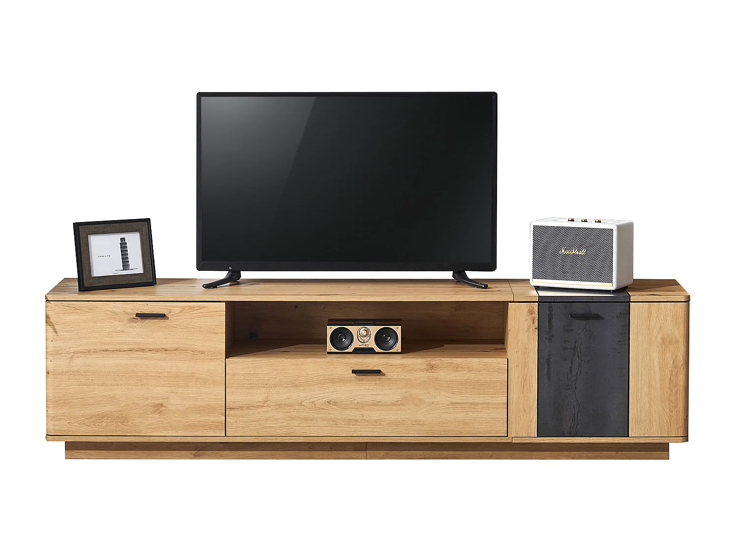 TV-meubel met 2 deuren, 1 lade en 1 nis - 180 x 40 x 47 cm - MDF-hout - kleuren bruin en grijs