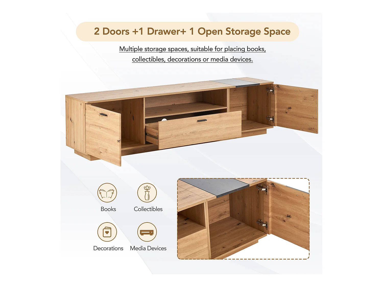 TV-meubel met 2 deuren, 1 lade en 1 nis - 180 x 40 x 47 cm - MDF-hout - kleuren bruin en grijs