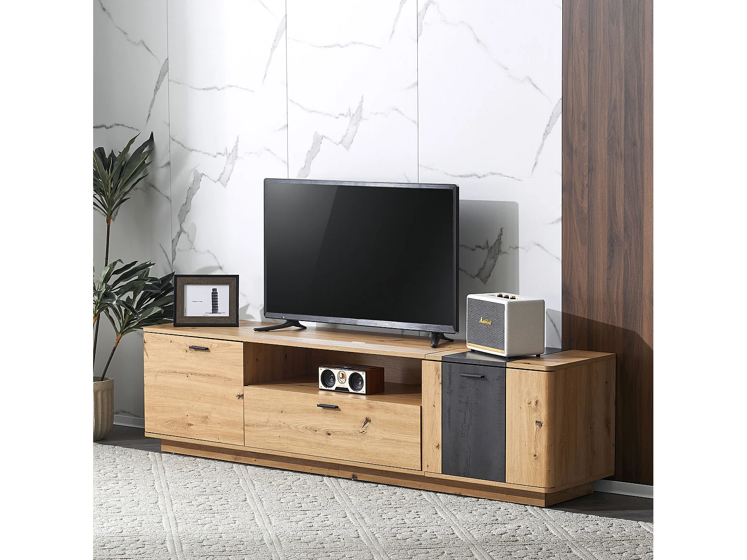 TV-meubel met 2 deuren, 1 lade en 1 nis - 180 x 40 x 47 cm - MDF-hout - kleuren bruin en grijs