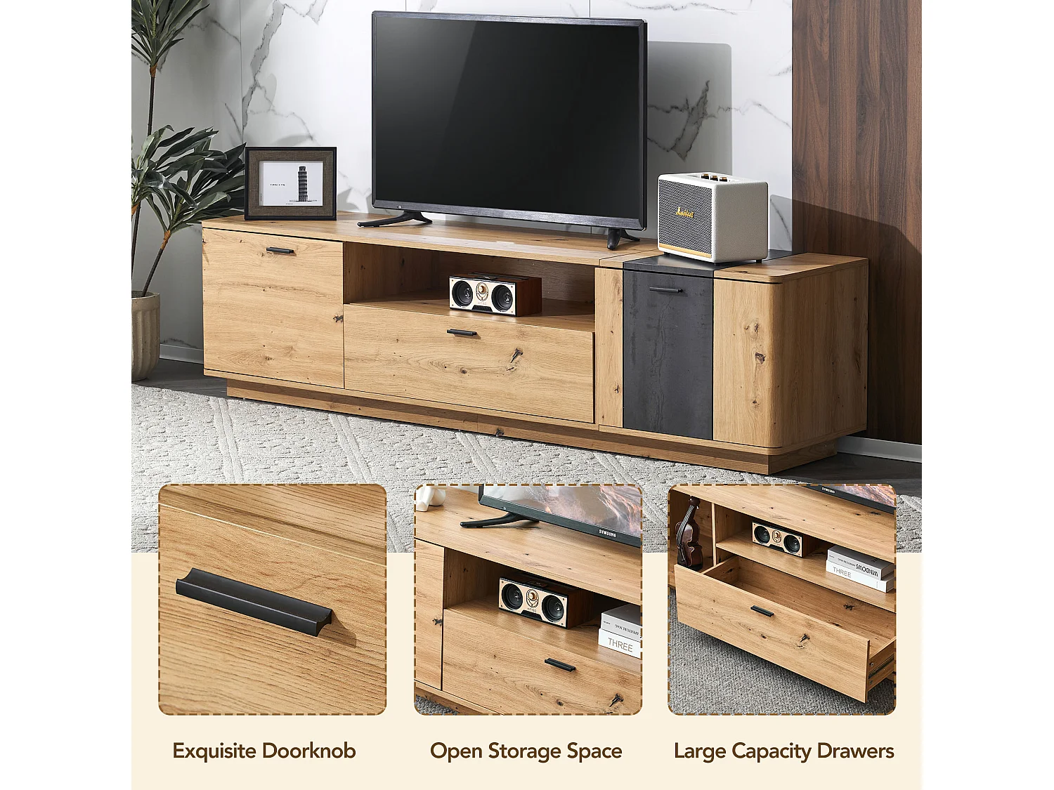 TV-meubel met 2 deuren, 1 lade en 1 nis - 180 x 40 x 47 cm - MDF-hout - kleuren bruin en grijs