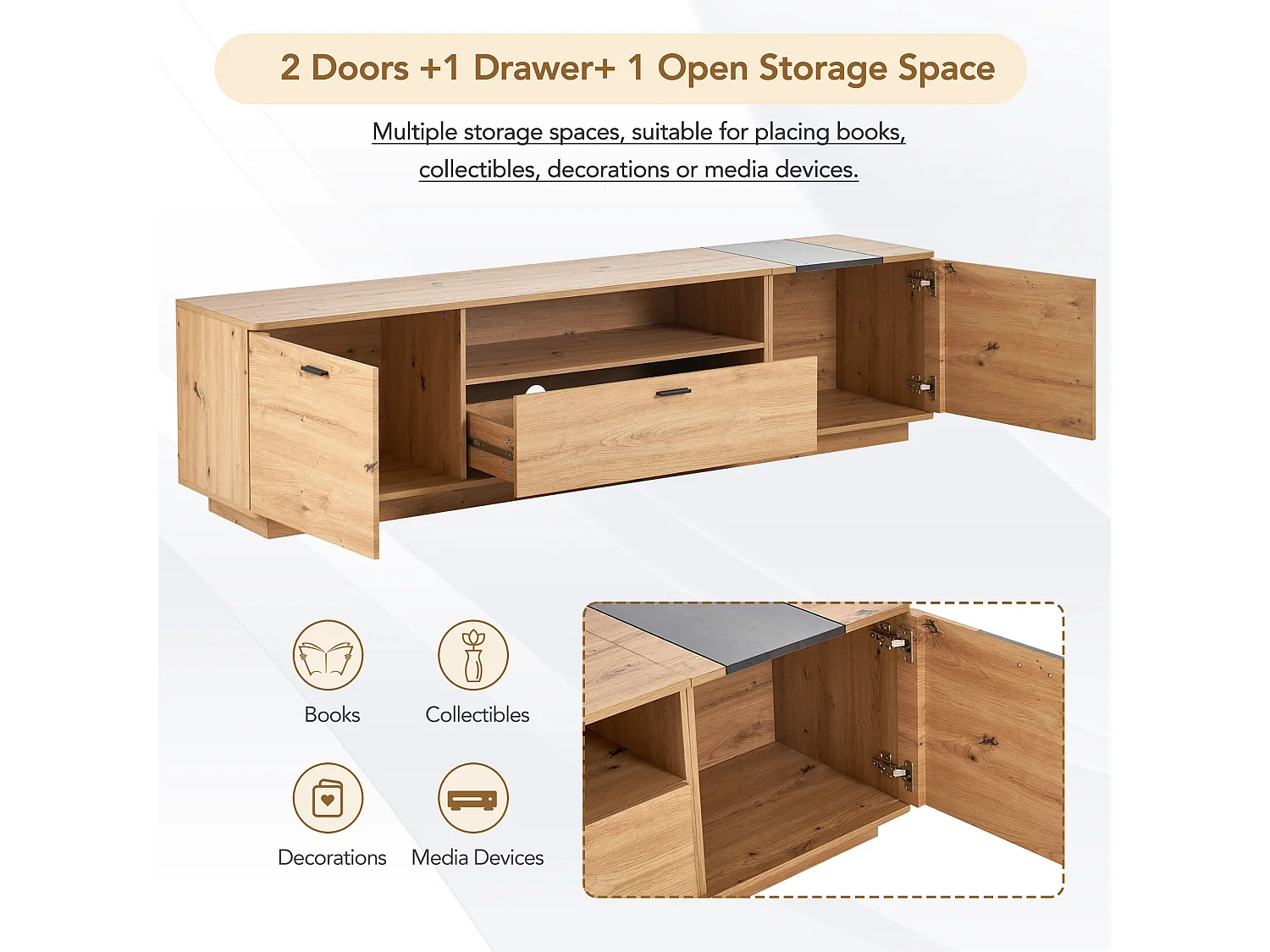 TV-meubel met 2 deuren, 1 lade en 1 nis - 180 x 40 x 47 cm - MDF-hout - kleuren bruin en grijs