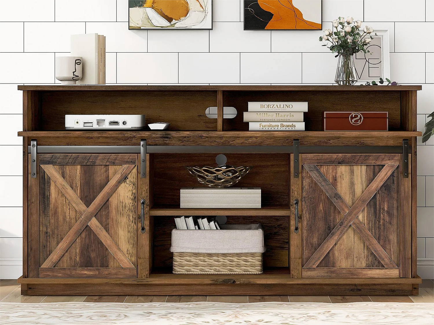 Meuble TV - 2 portes coulissantes - étagères réglables - pour salon, salle à manger - marron