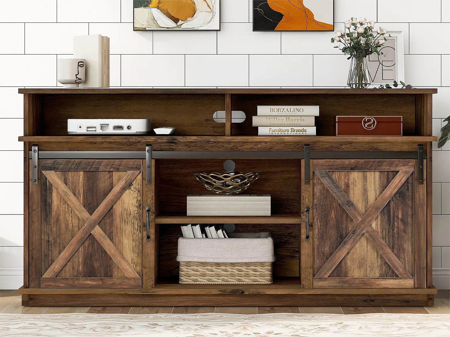 Meuble TV - 2 portes coulissantes - étagères réglables - pour salon, salle à manger - marron