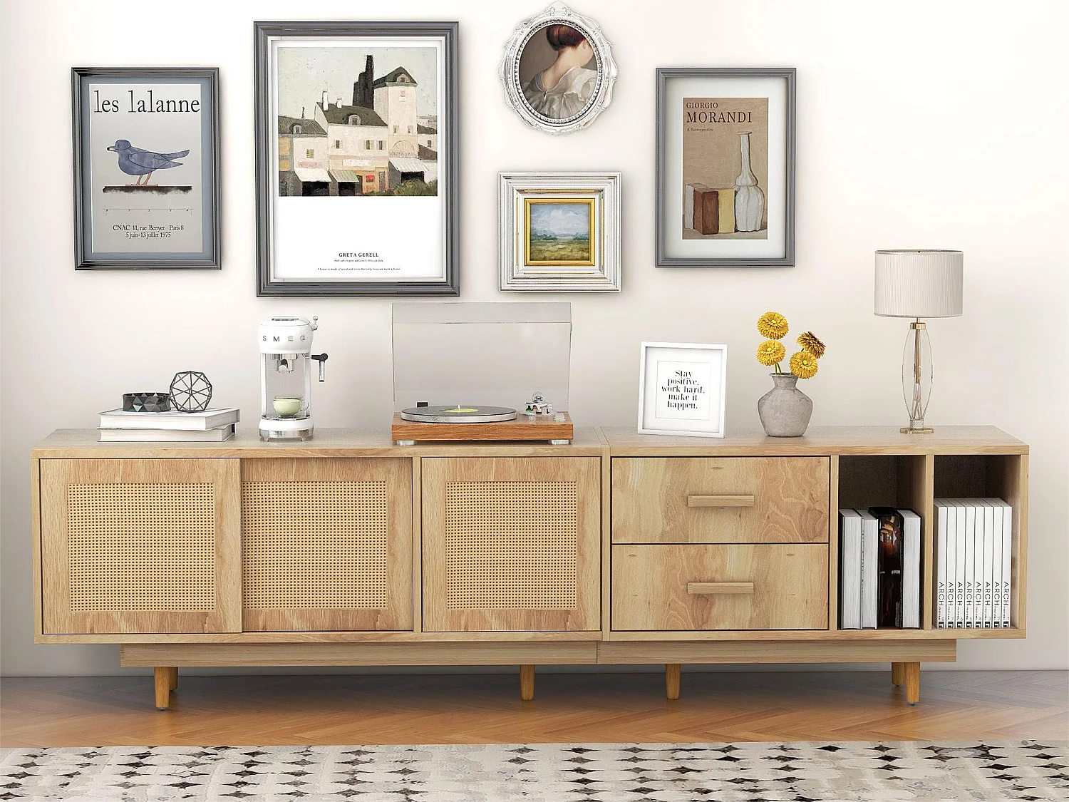 190 cm rotan TV-meubel - 3 deuren, 2 laden en 2 nissen - industriële stijl - eiken