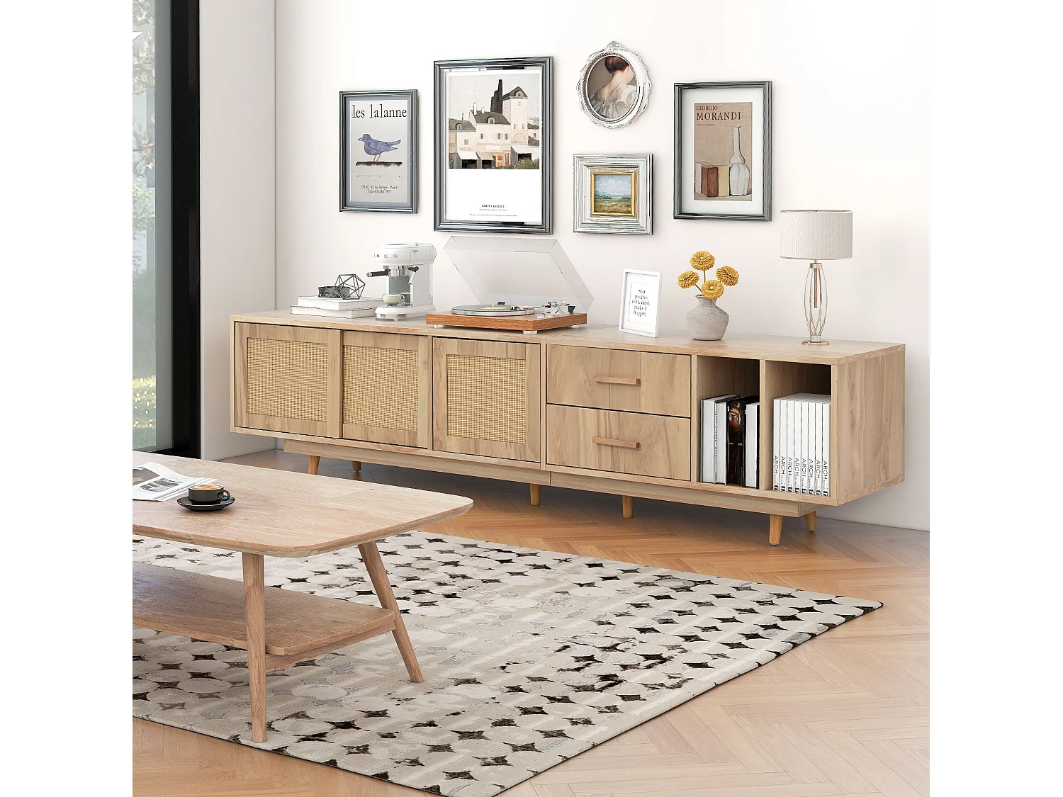 190 cm rotan TV-meubel - 3 deuren, 2 laden en 2 nissen - industriële stijl - eiken