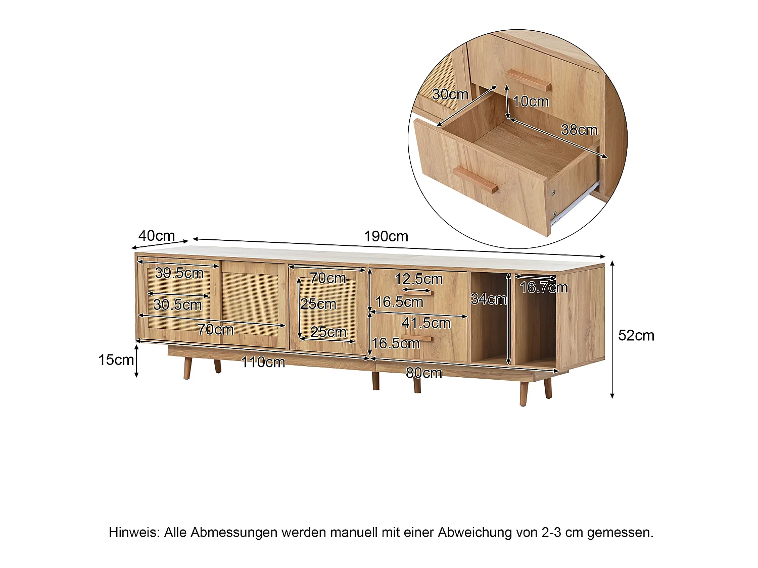 190 cm rotan TV-meubel - 3 deuren, 2 laden en 2 nissen - industriële stijl - eiken