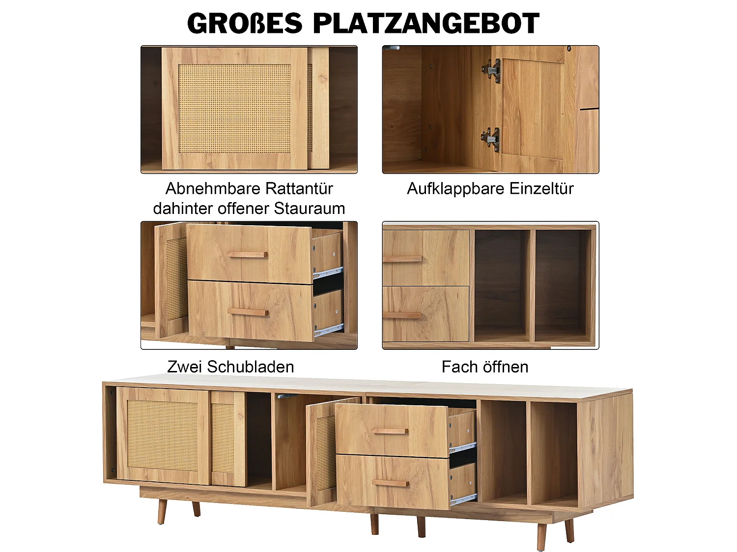 190 cm rotan TV-meubel - 3 deuren, 2 laden en 2 nissen - industriële stijl - eiken