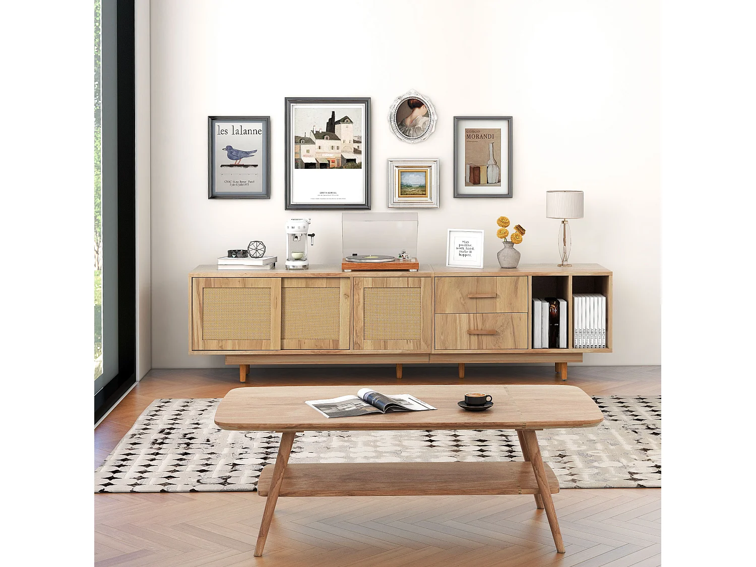 190 cm rotan TV-meubel - 3 deuren, 2 laden en 2 nissen - industriële stijl - eiken