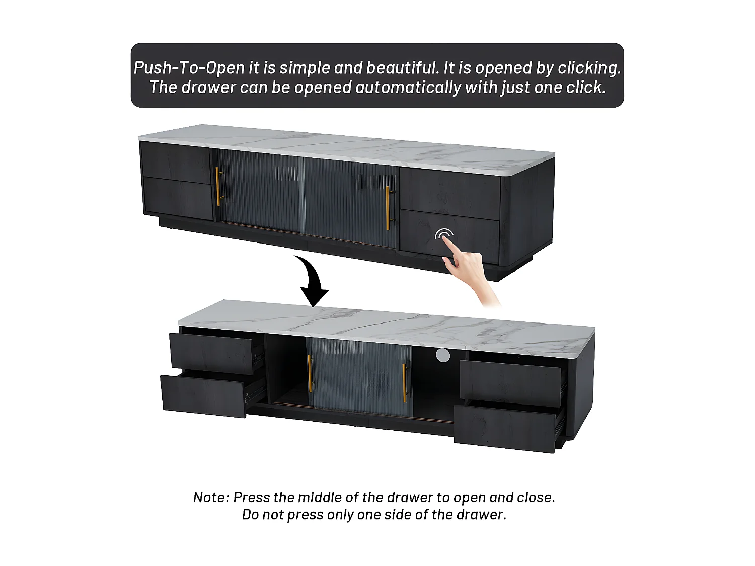 Meuble TV 160 m pour TV 70 pouces - plateau gris marbré - 4 tiroirs et 2 portes coulissantes en verre - noir mat