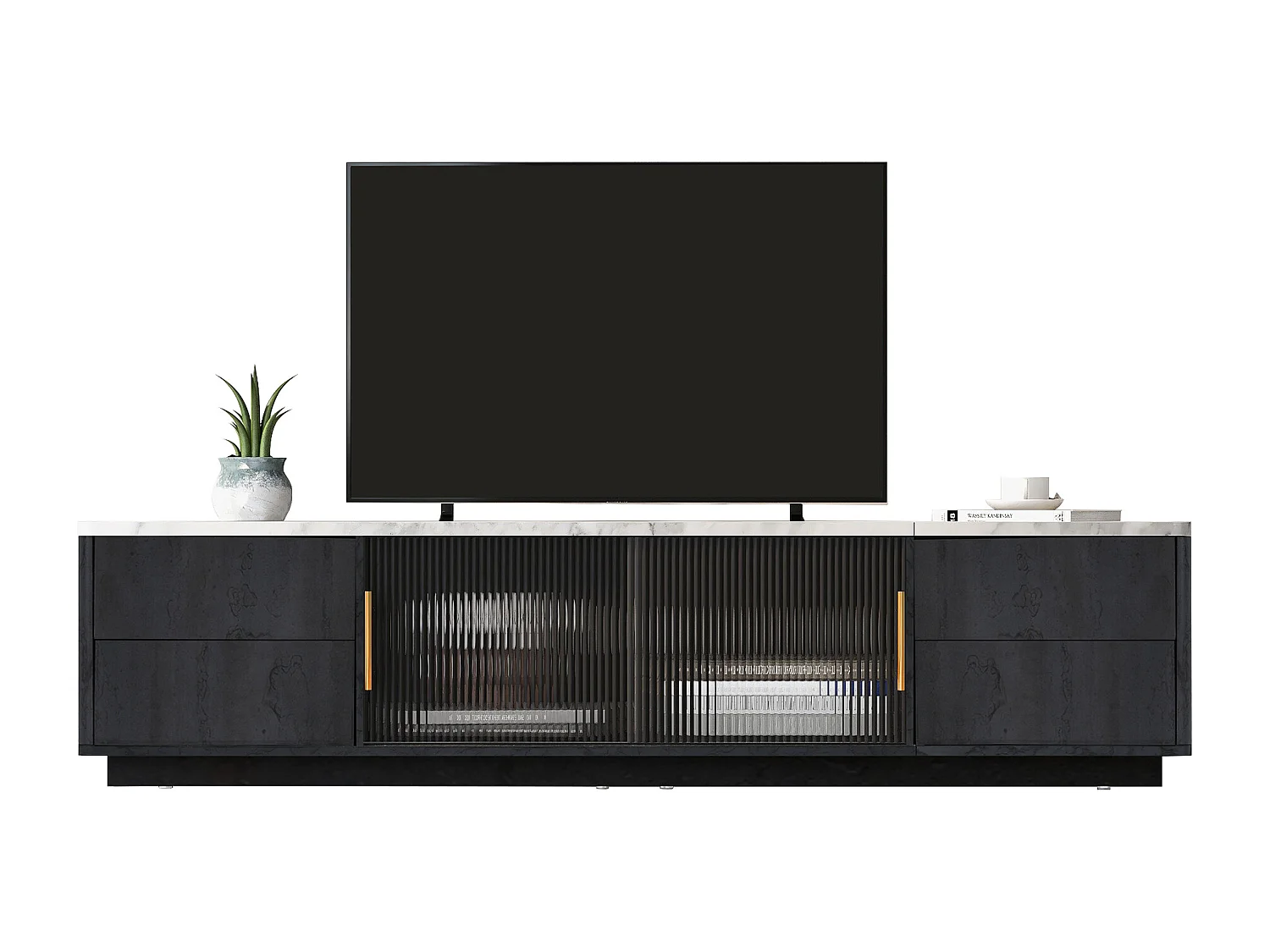 Meuble TV 160 m pour TV 70 pouces - plateau gris marbré - 4 tiroirs et 2 portes coulissantes en verre - noir mat