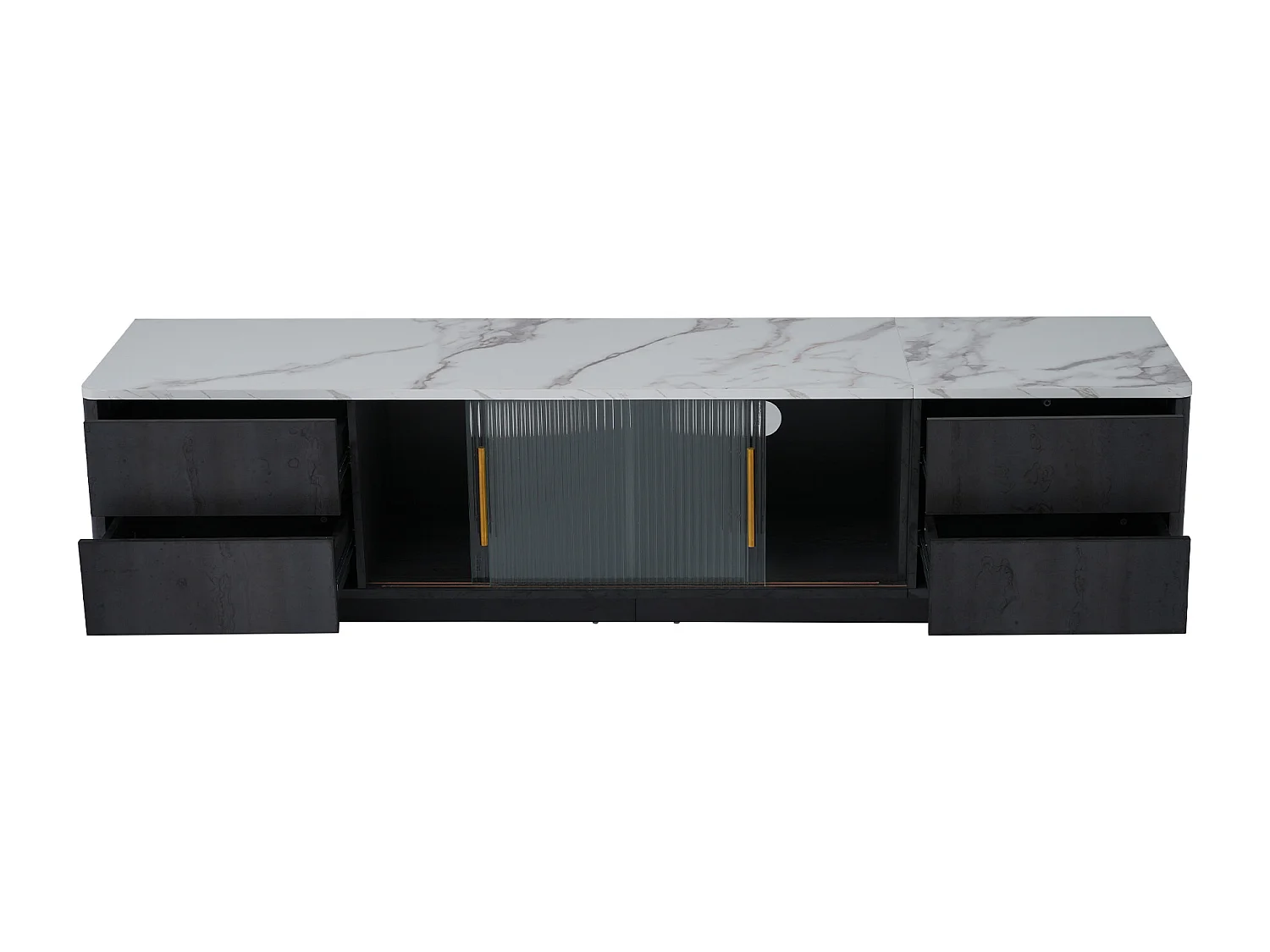 Meuble TV 160 m pour TV 70 pouces - plateau gris marbré - 4 tiroirs et 2 portes coulissantes en verre - noir mat