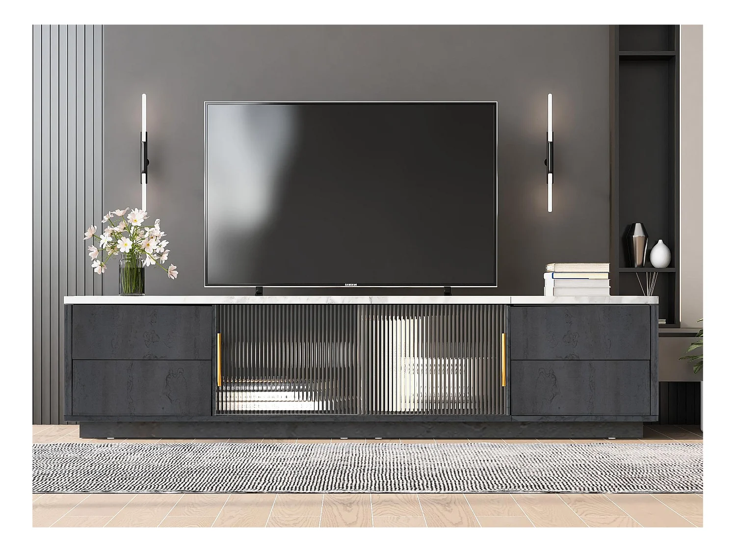 TV-meubel van 160 m voor 70 inch tv - marmergrijs blad - 4 lades en 2 glazen schuifdeuren - matzwart