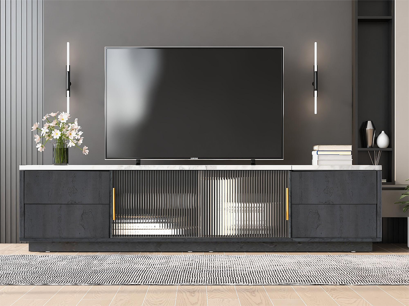 Stead Mobile TV Scanalato Moderno Per TV Da 32 A 80 Pollici - Console Con Ante E Ripiani Regolabili