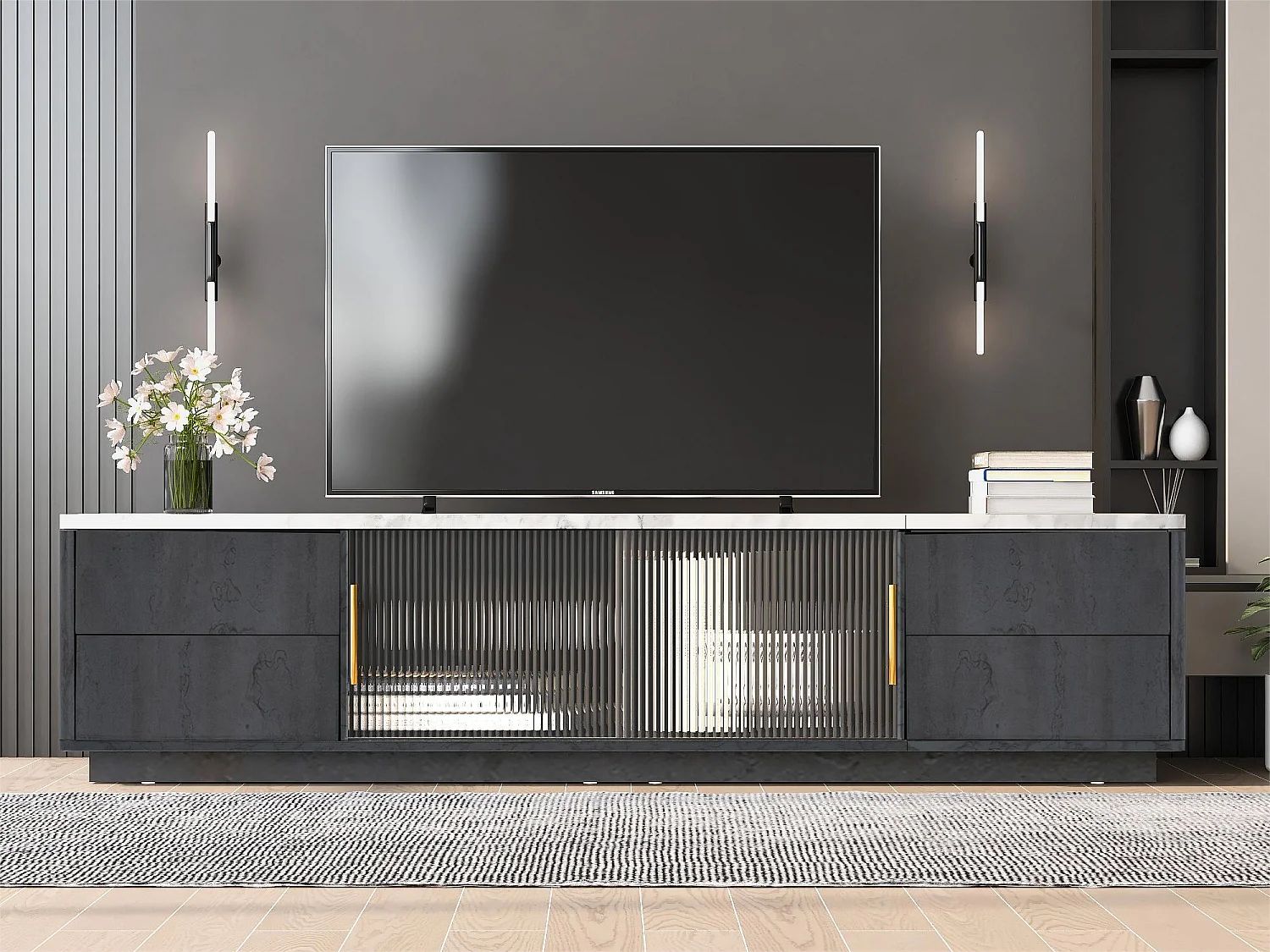 Meuble TV 160 m pour TV 70 pouces - plateau gris marbré - 4 tiroirs et 2 portes coulissantes en verre - noir mat