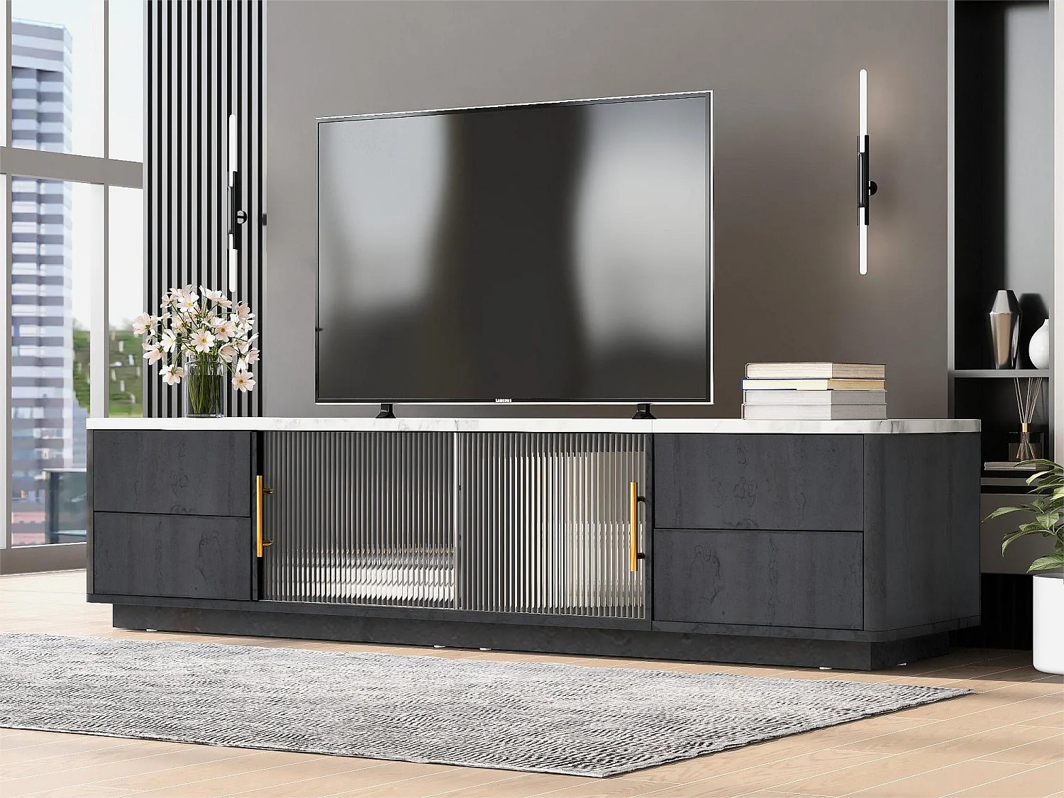 Meuble TV 160 m pour TV 70 pouces - plateau gris marbré - 4 tiroirs et 2 portes coulissantes en verre - noir mat