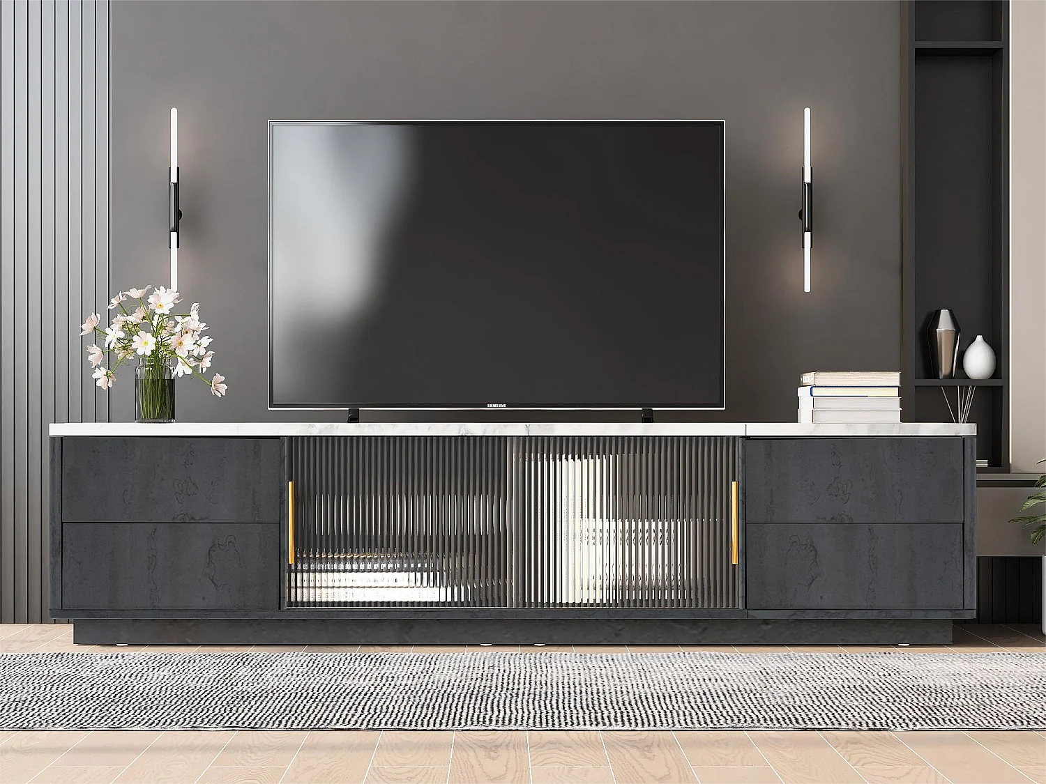 TV-meubel van 160 m voor 70 inch tv - marmergrijs blad - 4 lades en 2 glazen schuifdeuren - matzwart