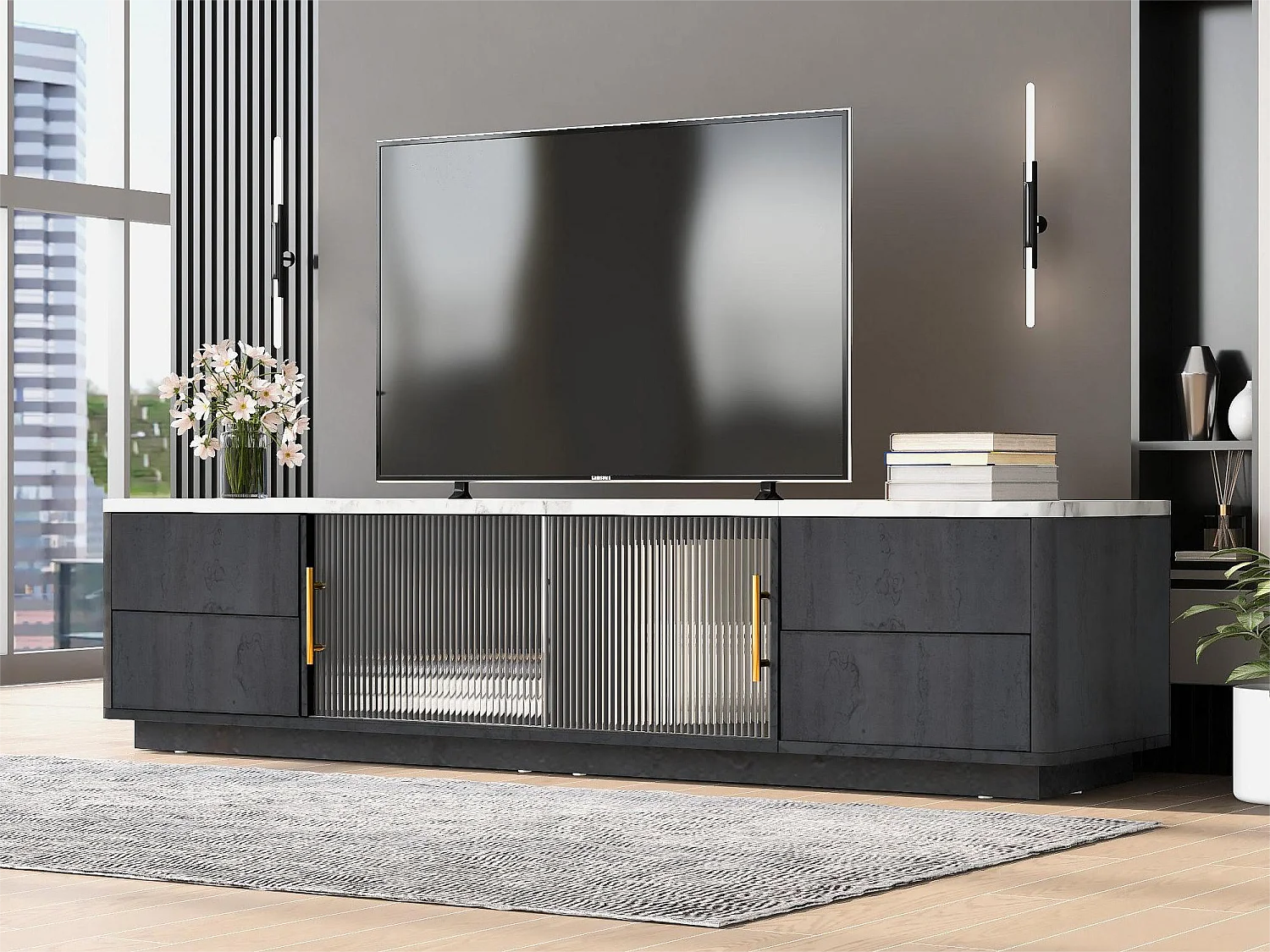 TV-meubel van 160 m voor 70 inch tv - marmergrijs blad - 4 lades en 2 glazen schuifdeuren - matzwart