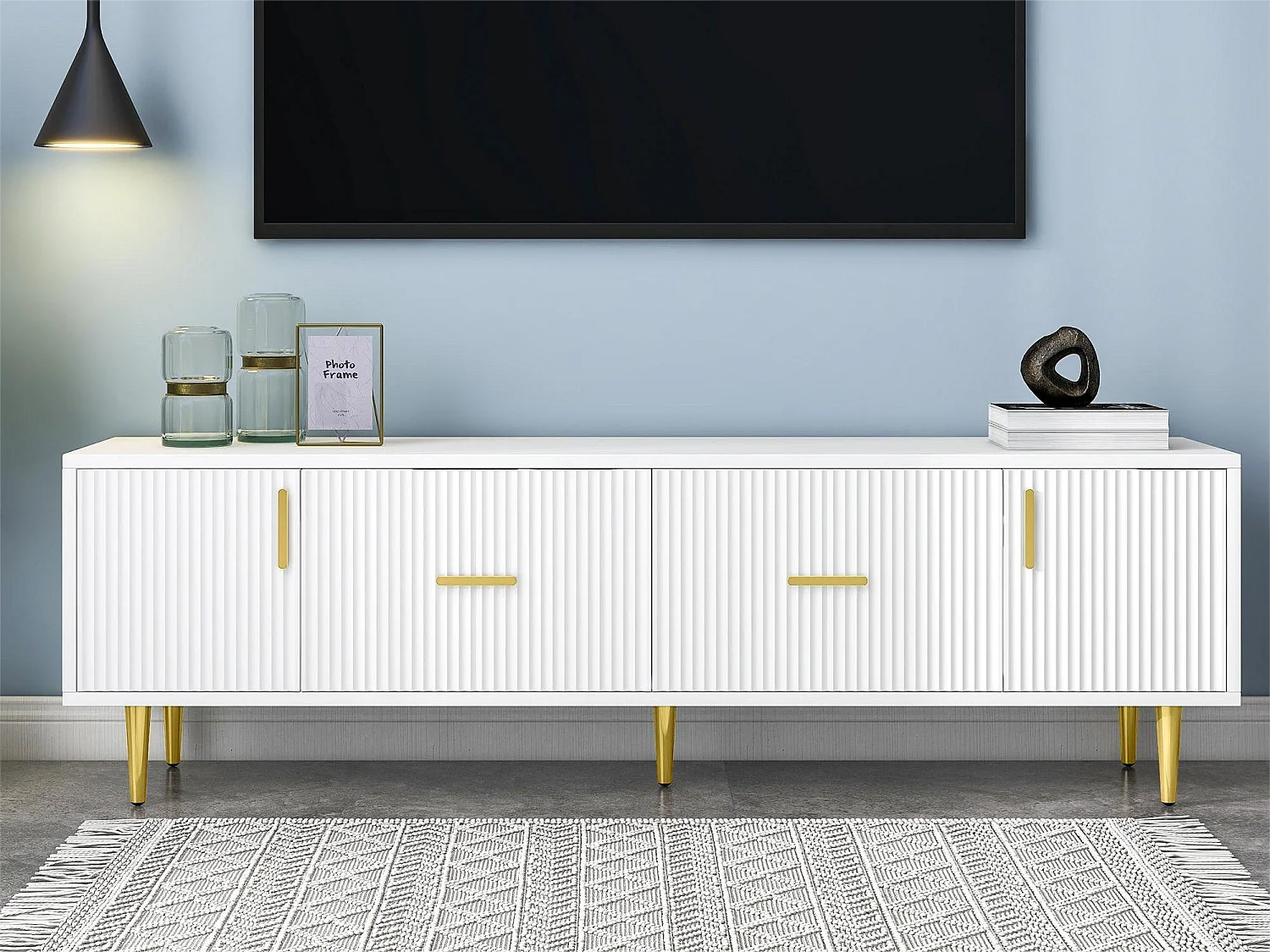 Meuble TV moderne 170 cm - 2 portes et 2 tiroirs - pièds métalliques dorés - coloris blanc