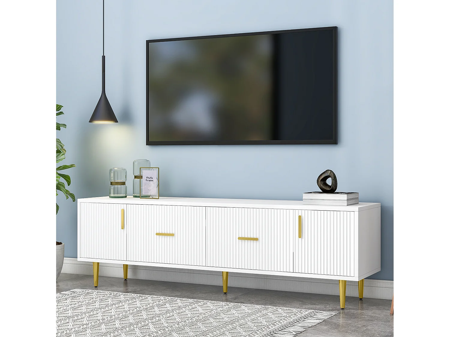 Meuble TV moderne 170 cm - 2 portes et 2 tiroirs - pièds métalliques dorés - coloris blanc