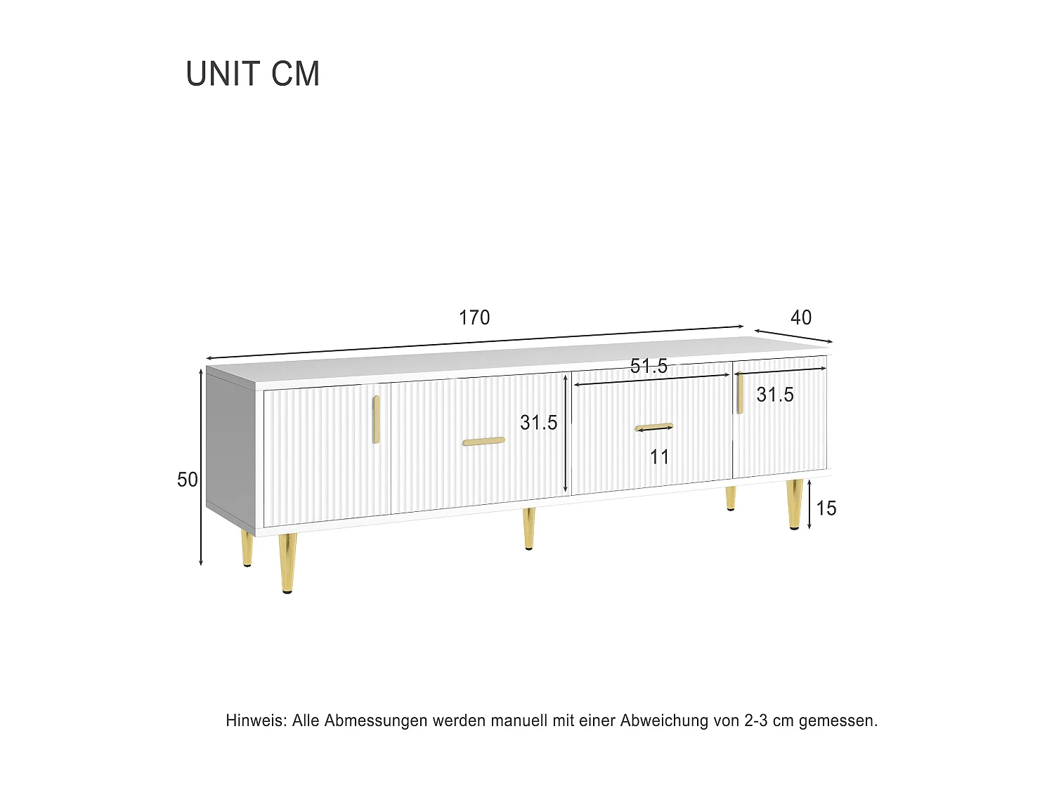 Meuble TV moderne 170 cm - 2 portes et 2 tiroirs - pièds métalliques dorés - coloris blanc