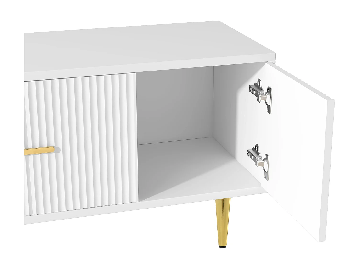 Meuble TV moderne 170 cm - 2 portes et 2 tiroirs - pièds métalliques dorés - coloris blanc