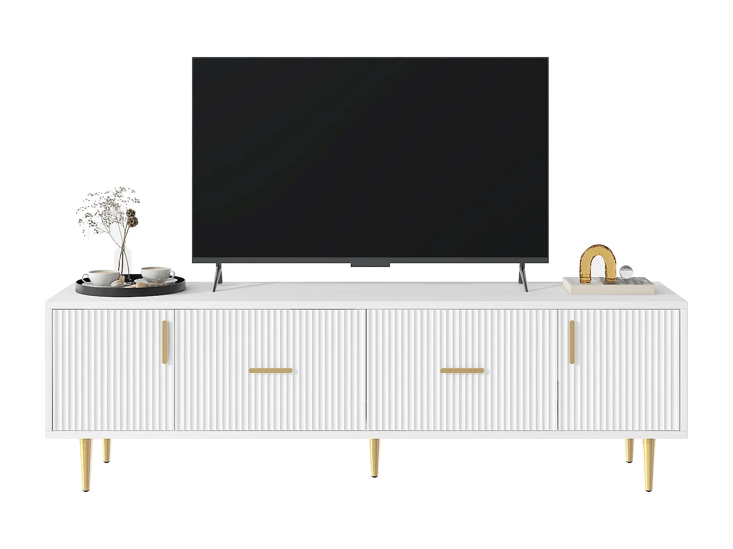 Meuble TV moderne 170 cm - 2 portes et 2 tiroirs - pièds métalliques dorés - coloris blanc