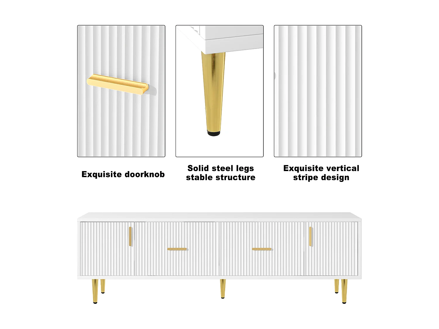 Meuble TV moderne 170 cm - 2 portes et 2 tiroirs - pièds métalliques dorés - coloris blanc