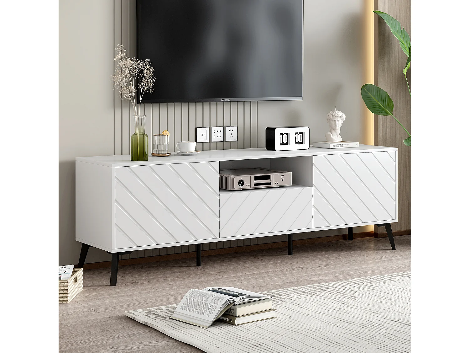 Meuble TV avec 2 portes 1 tiroir - 170 x 39.5 x 55 cm - bois MDF et pieds en métal - blanc