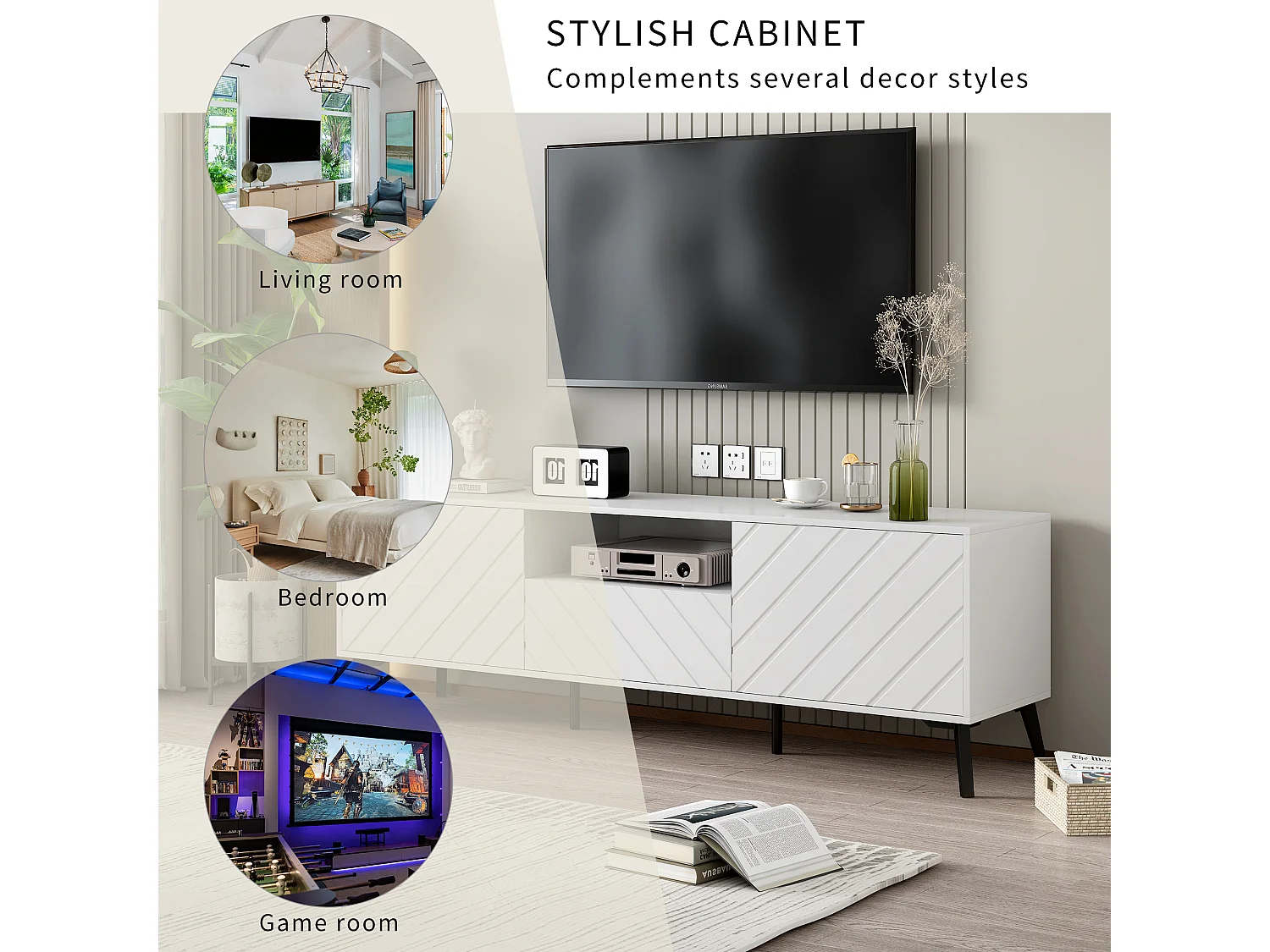 Meuble TV avec 2 portes 1 tiroir - 170 x 39.5 x 55 cm - bois MDF et pieds en métal - blanc