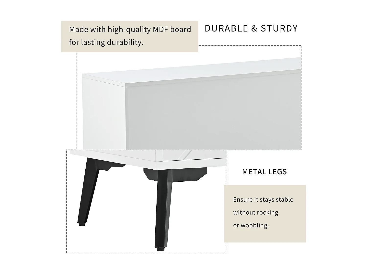 Meuble TV avec 2 portes 1 tiroir - 170 x 39.5 x 55 cm - bois MDF et pieds en métal - blanc