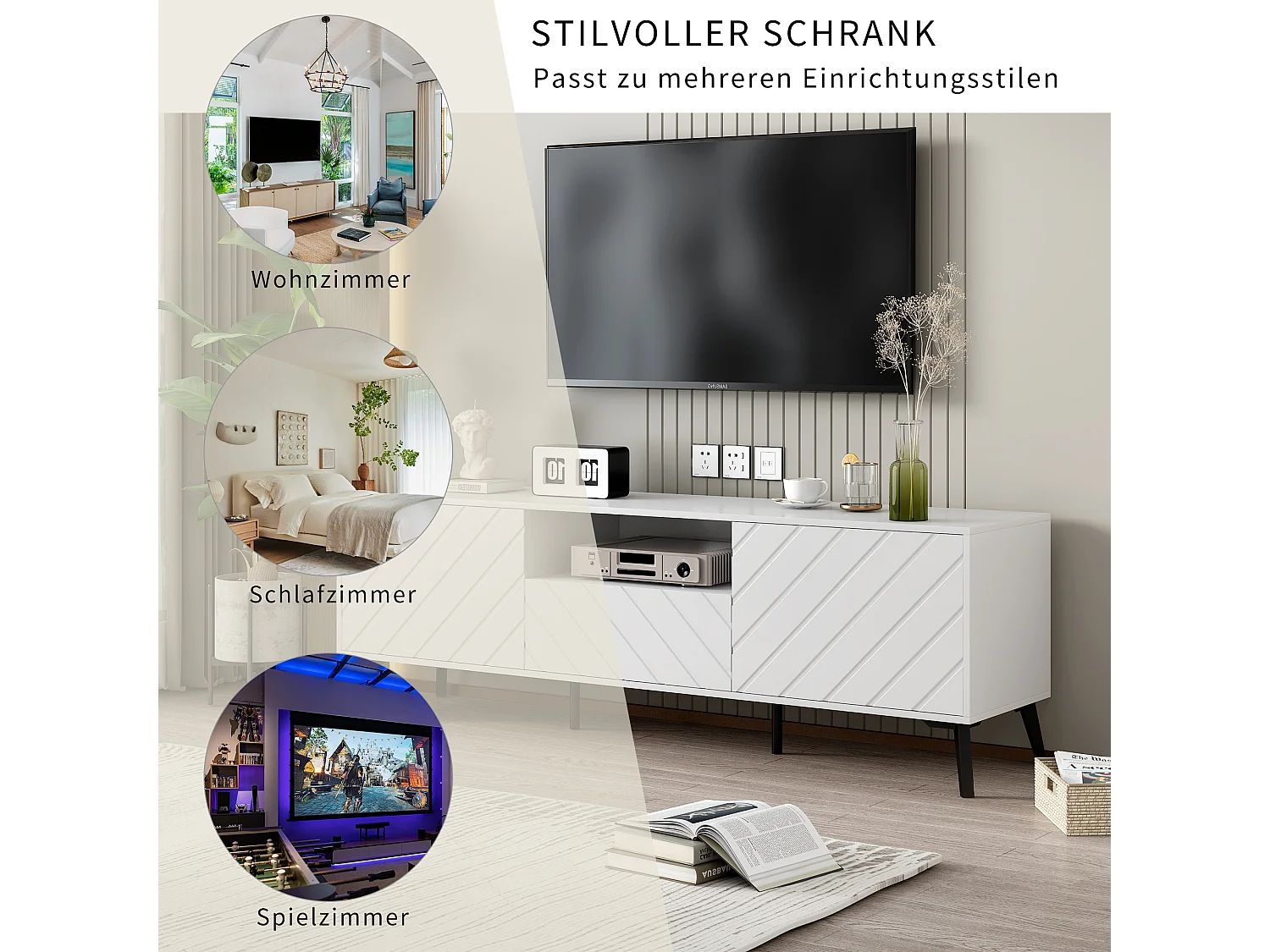 Meuble TV avec 2 portes 1 tiroir - 170 x 39.5 x 55 cm - bois MDF et pieds en métal - blanc