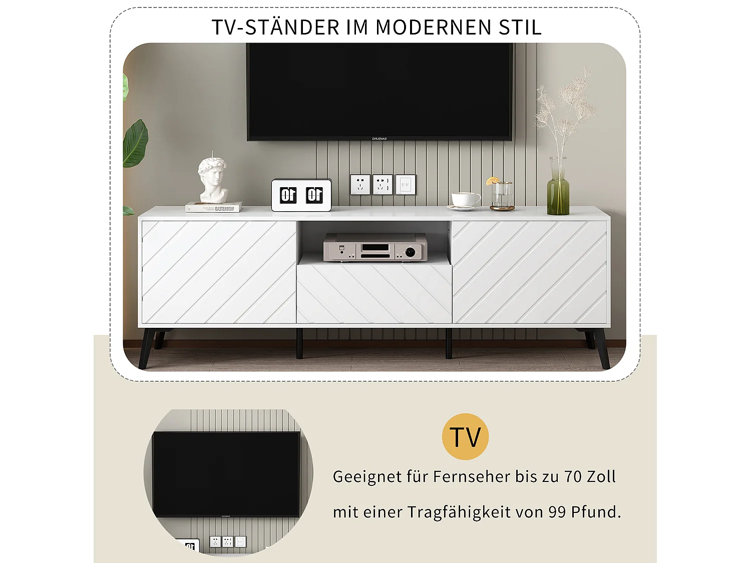 Meuble TV avec 2 portes 1 tiroir - 170 x 39.5 x 55 cm - bois MDF et pieds en métal - blanc