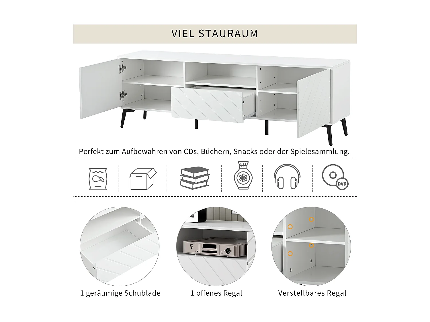 Meuble TV avec 2 portes 1 tiroir - 170 x 39.5 x 55 cm - bois MDF et pieds en métal - blanc