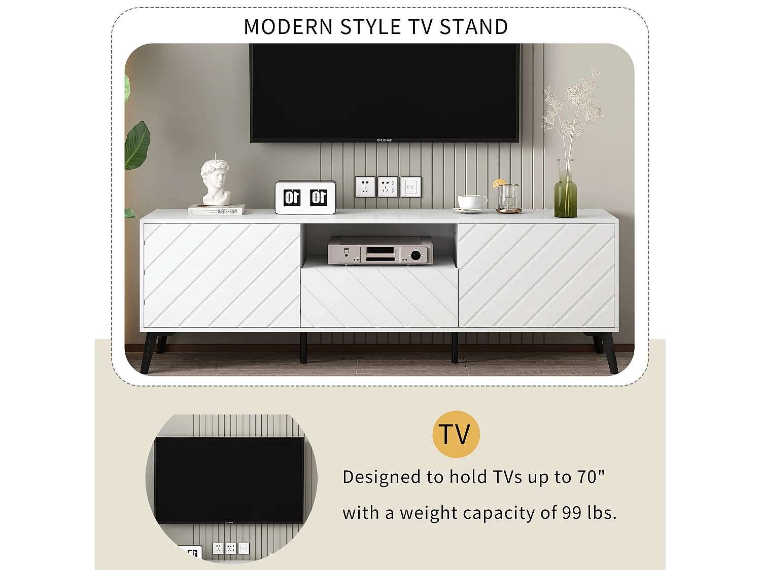 Meuble TV avec 2 portes 1 tiroir - 170 x 39.5 x 55 cm - bois MDF et pieds en métal - blanc