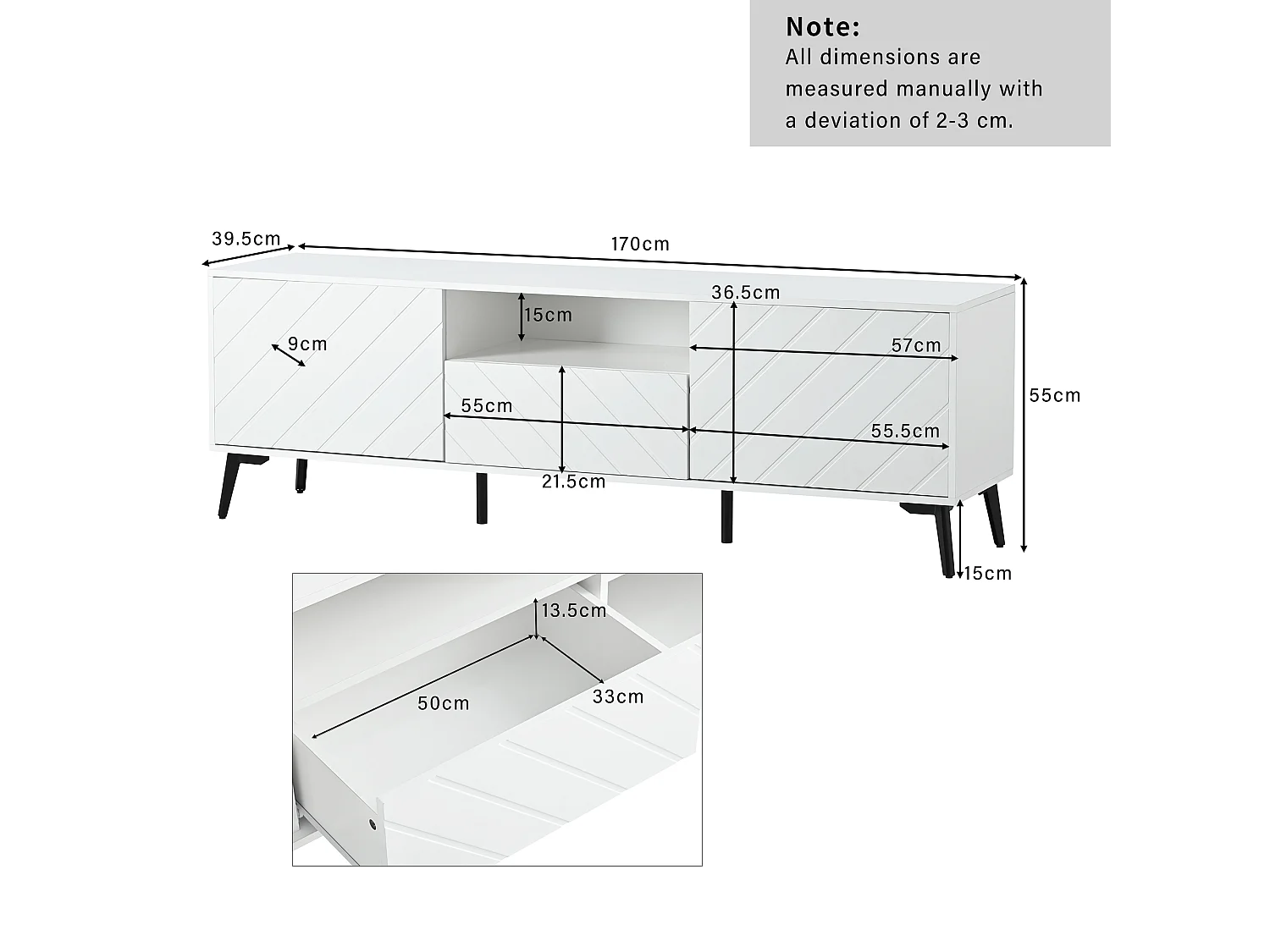 Meuble TV avec 2 portes 1 tiroir - 170 x 39.5 x 55 cm - bois MDF et pieds en métal - blanc