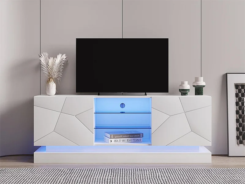 Houten tv-meubel met 2 deuren - verstelbare glazen plank - LED's - moderne stijl - glanzend wit