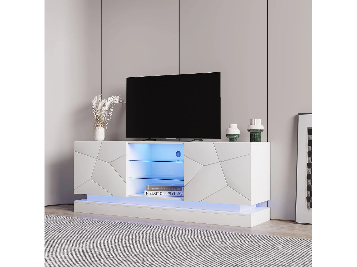 Houten tv-meubel met 2 deuren - verstelbare glazen plank - LED's - moderne stijl - glanzend wit